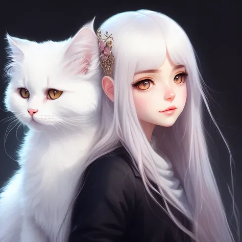 1girl, animal, fluffy animal ears, artist_name, cat_eyes, cat, fur, lips, long_Curly_white_hair, looking_at_viewe, nose, realistic, signature, white persian cat on her shoulder, 
dreamlikeart
samdoesart
kuvshinov