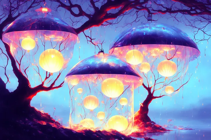 spirits among branches lanterns jellyfish and rain by Kuvshinov, samdoesart, dreamlikeart, (((surrealism))), (Style-Glass)