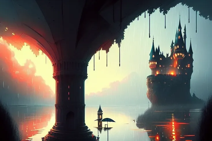 (((upside down))) castle in the rain by Kuvshinov, samdoesart, dreamlikeart, (((surrealism)))