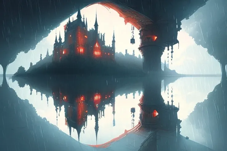 (((upside down))) castle in the rain by Kuvshinov, samdoesart, dreamlikeart, (((surrealism)))