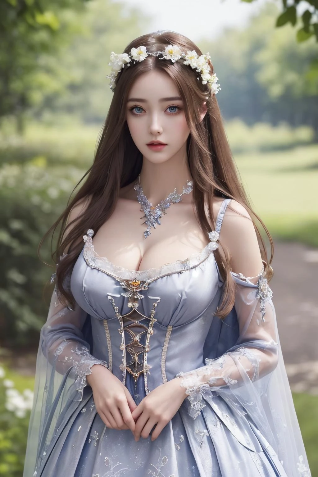 masterpiece,best quality,(detailed face, perfect face, perfect eyes, realistic eyes, perfect fingers),(clear face),fantasy girl,long hair,hair ornaments,looking at viewer,outdoors,intricate,high detail,sharp focus,dramatic,beautiful girl,knees up,standing ta1,dress,flower,(supergiant breasts:1.3),looking at the camera,