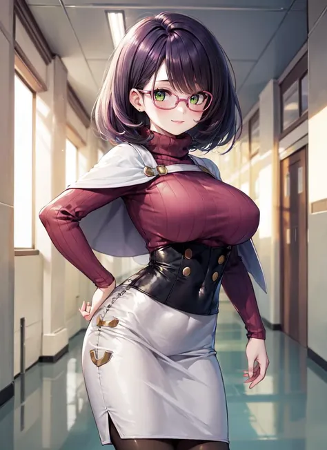((best quality)), ((highly detailed)), masterpiece, extremely detailed face, beautiful face, , (1girl), (solo), dynamic pose, upper body, <lora:hairdetailer:.7>, <lora:wicke_pokemon:.8>, mommy wicke, purple hair, short hair, big hair, green eyes, glasses, pink-framed eyewear, large breasts, smiling, pink sweater, ribbed sweater, long sleeves, turtleneck, buttons, white capelet, underbust, white skirt, pencil skirt, high-waist skirt, pantyhose, high heels, boots, white footwear, (inside, <lora:school_hallway_v0.1:1>, school hallway, school uniform)