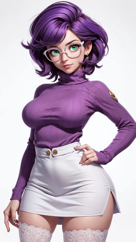 (best quality,4k,8k,highres,masterpiece:1.2),ultra-detailed,(realistic,photorealistic,photo-realistic:1.37),studio lighting,extreme detail description,vivid colors,concept art, huge breasted, seductive smile, maki zenin, green hair, ponytail, purple jacket, turtleneck, sleeveless, realistic, beautiful japanese female, purple glasses, arms up, armpits visible,