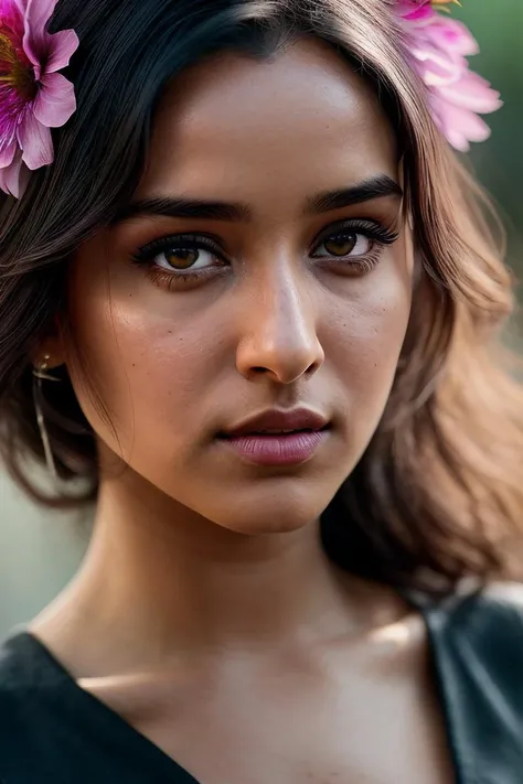 beautiful woman (Shr4dh4K4p00r:.99),( beautiful hair:1.2), ((portrait)), (closeup:1.2), ((from the waist up)), ((( flower shop ))), natural skin texture, ((dark black eyeliner:1.2)), (( V-neck dress :1.2)), 24mm, 4k textures, soft cinematic light, adobe lightroom, photolab, hdr, intricate, elegant, highly detailed, sharp focus, ((((cinematic look)))), soothing tones, insane details, intricate details, hyperdetailed, low contrast, soft cinematic light, exposure blend, hdr, faded, now, ("I've got a bad feeling about this.":1.1)
