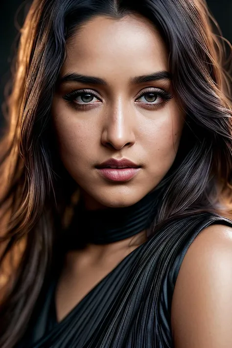 beautiful woman (Shr4dh4K4p00r:.99),( beautiful hair:1.2), ((portrait)), (closeup:1.2), ((from the waist up)), ((( islandjungle ))), natural skin texture, ((dark black eyeliner:1.2)), (( Dress with a Pleated Silk Skirt :1.2)), 24mm, 4k textures, soft cinematic light, adobe lightroom, photolab, hdr, intricate, elegant, highly detailed, sharp focus, ((((cinematic look)))), soothing tones, insane details, intricate details, hyperdetailed, low contrast, soft cinematic light, exposure blend, hdr, faded, now, ("I've got a bad feeling about this.":1.1)