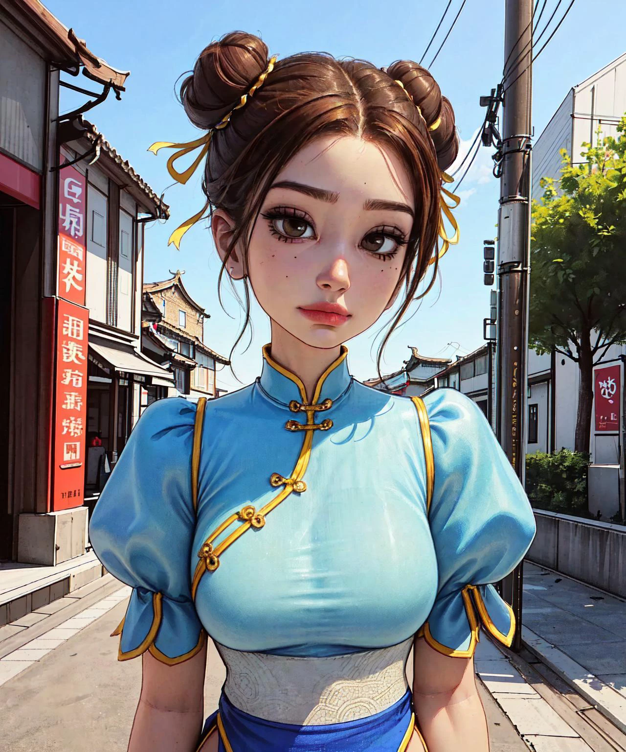 sf2 chun, chun-li, (full body:1.3), thick thighs, thick lips, smug, cos, narrow waist, (perspective:1.2), face, 1girl, solo, (pantyhose, pelvic curtain, puffy short sleeves, bun cover, sash, yellow ribbon, blue chinese clothing, side slit, double bun, looking at viewer, brown hair, closed mouth, upper body:1.35), (reflections:1.2), (outdoors background:1.3), (masterpiece:1.2, best quality), (real picture, intricate details), (1girl:1.0) ,solo, (shiny skin:1.1), model posture, medium breasts, <lora:omar-dogan-968it-novae:1> <lora:samdoesart-(sam-yang)-1613it-novae:0.8> <lora:chunLiLora_v20:1>