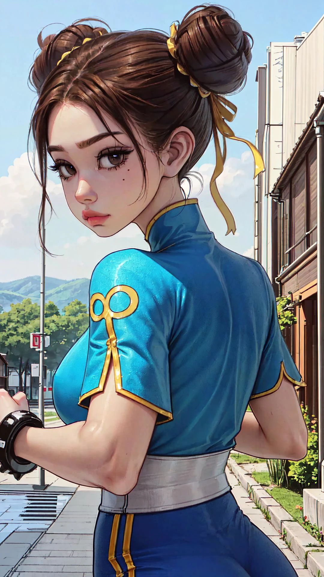 sf2 chun, chun-li, full body, thick thighs, thick lips, smug, cos, narrow waist, (perspective:1.2), face, 1girl, solo, (kicking, fighting stance, pantyhose, pelvic curtain, puffy short sleeves, bun cover, sash, yellow ribbon, blue chinese clothing, side slit, tight pants, blue pants, double bun, looking at viewer, brown hair, closed mouth, upper body:1.35), (reflections:1.2), (outdoors background:1.3), (masterpiece:1.2, best quality), (real picture, intricate details), (1girl:1.0) ,solo, (shiny skin:1.1), model posture, medium breasts, <lora:omar-dogan-968it-novae:1> <lora:samdoesart-(sam-yang)-1613it-novae:0.8> <lora:chunLiLora_v20:1>