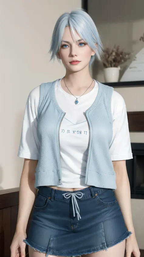 best quality,masterpiece,8k wallpaper,absurdres, highres, ultra detailed, (1 young beautiful girl, solo:1.1),realistic,large breasts,blue eyes,(white hair:1.3),short hair,cardigan vest,shorts under skirt,<lora:Christlie_NOFACE:1>
BREAK