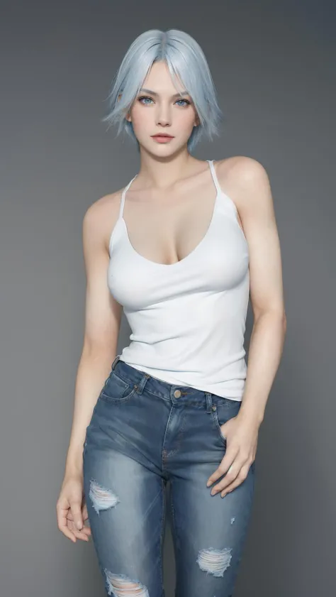 sexy beauty，white skinned，white color hair，shoulder-length short hair，full bodyesbian，Bigchest，long leges，short jeans pants，Upper body nudity