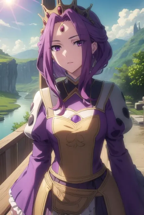 mireliaqmelromarc, <lora:mirelia q melromarc s1s2s3-lora-nochekaiser:1>,
mirelia q melromarc, purple hair, (purple eyes:1.1),
BREAK long sleeves, dress, jewelry, frills, puffy sleeves, wide sleeves, crown, purple dress,
BREAK outdoors, forest, nature, sky, sun, clouds,
BREAK looking at viewer, (cowboy shot:1.5),
BREAK <lyco:GoodHands-beta2:1>, (masterpiece:1.2), best quality, high resolution, unity 8k wallpaper, (illustration:0.8), (beautiful detailed eyes:1.6), extremely detailed face, perfect lighting, extremely detailed CG, (perfect hands, perfect anatomy),