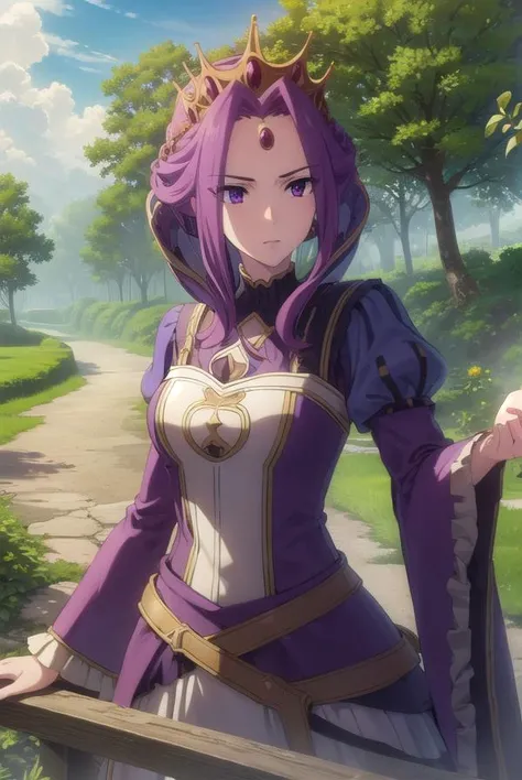 mireliaqmelromarc, <lora:mirelia q melromarc s1s2s3-lora-nochekaiser:1>,
mirelia q melromarc, purple hair, (purple eyes:1.1),
BREAK long sleeves, dress, jewelry, frills, puffy sleeves, wide sleeves, crown, purple dress,
BREAK outdoors, forest, nature, sky, sun, clouds,
BREAK looking at viewer, (cowboy shot:1.5),
BREAK <lyco:GoodHands-beta2:1>, (masterpiece:1.2), best quality, high resolution, unity 8k wallpaper, (illustration:0.8), (beautiful detailed eyes:1.6), extremely detailed face, perfect lighting, extremely detailed CG, (perfect hands, perfect anatomy),
