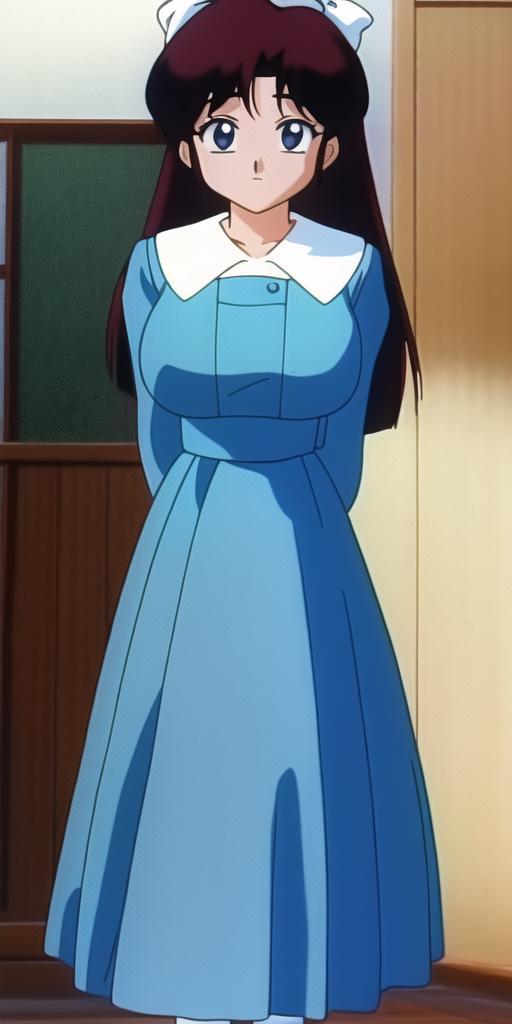 A woman in a blue dress standing in front of a door - SeaArt AI