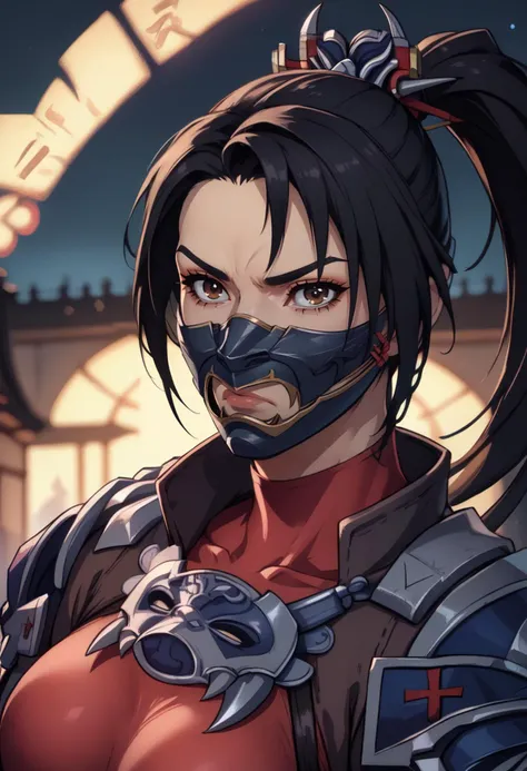 Taki,black hair,brown eyes,ponytail,hair ornament,
red bodysuit,mask,serious,shoulder armor,arm guards,skin tight,
standing,upper body,
edo period,night,<lora:TakiSC6-11XL:0.8>,