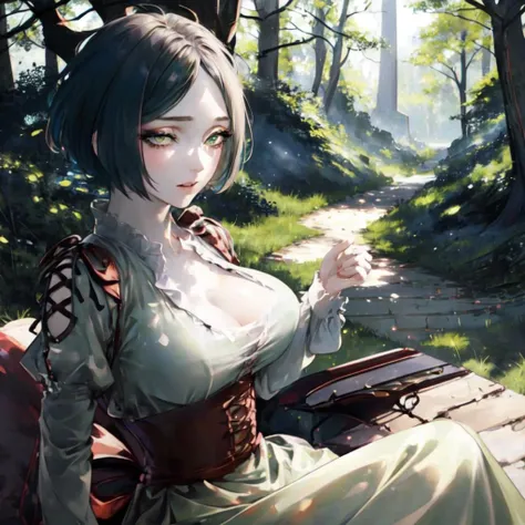 A woman with short dark brown hair, faint green eyes, smiling in a fantasy world forest, holding a fan with one hand, big breast