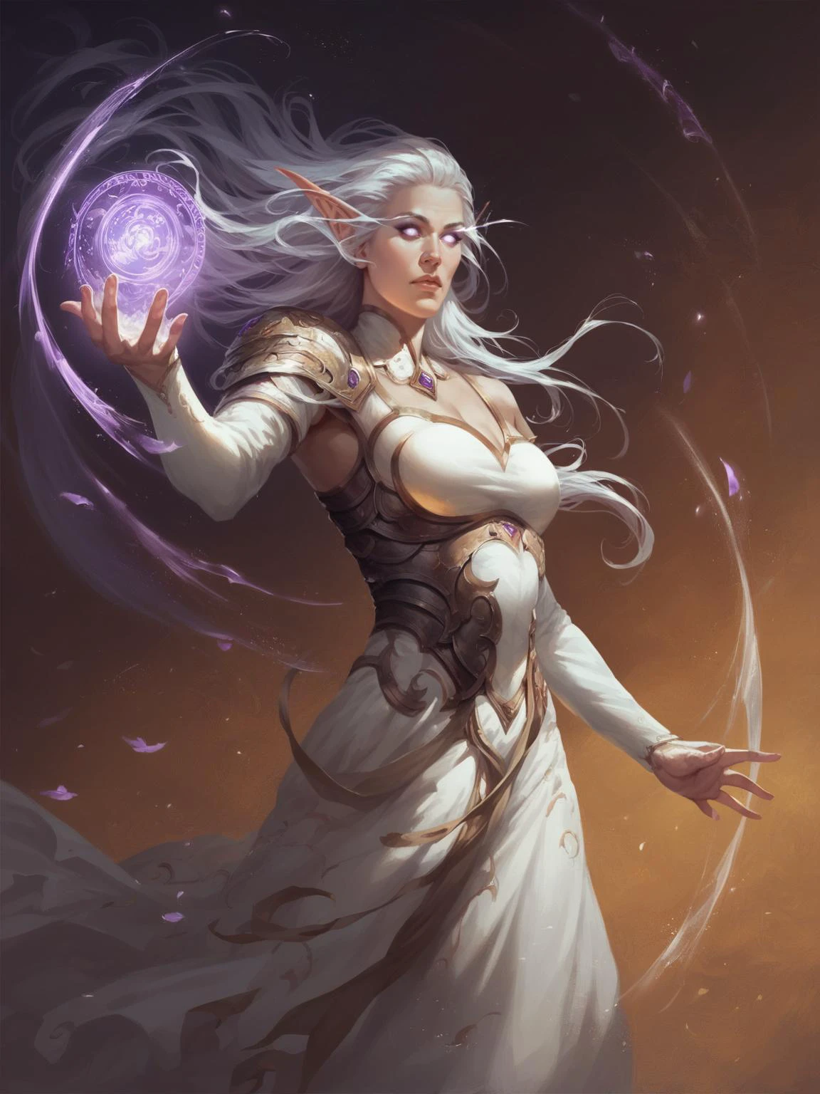 score_8_up, score_7_up, 1girl, beautiful curvy elf girl casting spell, ornate armored white dress with purple print, dynamic pose, golden trim, pale, windblown long white hair, glowing eyes, makeup, purple magic effects, particles, fantasy, <lora:sxz-wowart-smol-v2-pdxl:0.8> wowart style, realistic