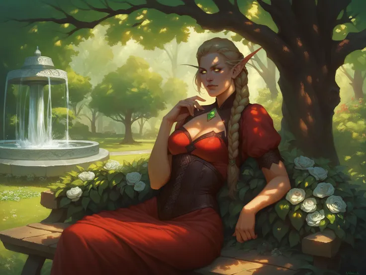 score_8_up, score_7_up, cowboy shot of elf woman sitting on bench in park, head rest, ornate red dress with green gems, corset, blonde, braid, glowing eyes, makeup, wide hips, tree, sunlight, flowers, fountain on background, fantasy, <lora:sxz-wowart-smol-v2-pdxl:0.8> wowart style, realistic