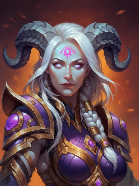 score_8_up, score_7_up, portrait of beautiful lightforged draenei paladin girl, long white hair, single braid, heavy armor with purple gems, big shoulder pads, grey skin, ornate horns, glowing rune on forehead, big breasts, fantasy, <lora:sxz-wowart-smol-v2-pdxl:0.8> wowart style, realistic