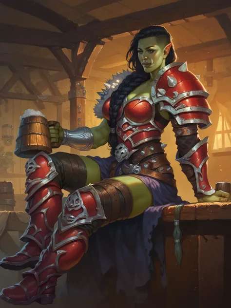 score_8_up, score_7_up, 1girl, beautiful big strong orc woman sitting on table and holding wooden mug, green skin, long black hair, single braid, spiked single shoulder pad, red armor with rivets, multiple belts, fur trim, boots, tavern indoors, fantasy,  <lora:sxz-wowart-smol-v2-pdxl:0.8> wowart style, realistic