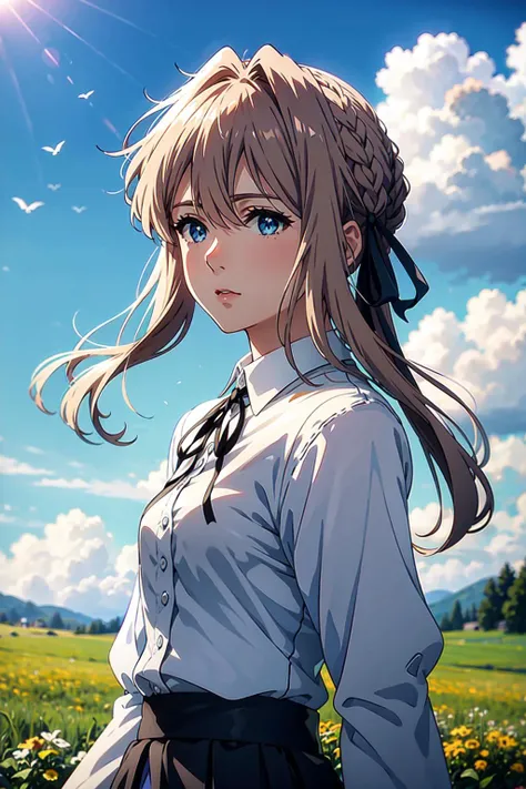 violet, 1girl, solo, long hair, blue eyes, skirt, blonde hair, shirt, long sleeves, ribbon, hair between eyes, closed mouth, hair ribbon, white shirt, upper body, ponytail, outdoors, sky, day, collared shirt, cloud, from side, blue sky, black ribbon, hair intakes, green skirt, wind, masterpiece, anime, <lora:violet-01:1>