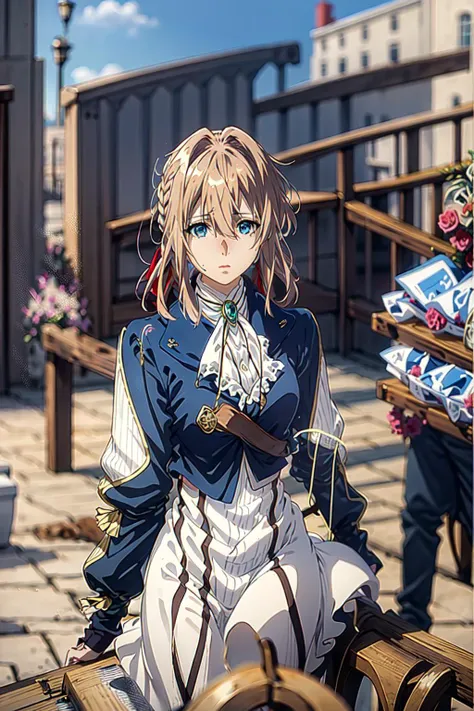 violet, 1girl, solo, looking at viewer, blue eyes, blonde hair, ribbon, hair between eyes, jewelry, closed mouth, jacket, hair ribbon, upper body, braid, outdoors, sky, day, cloud, blurry, red ribbon, blue sky, ascot, blurry background, hair intakes, blue jacket, brooch, white ascot, masterpiece, anime, <lora:violet:1>