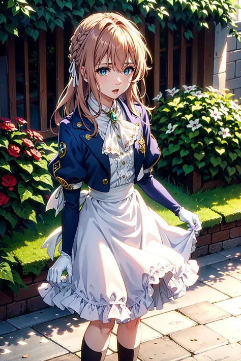 violet, 1girl, solo, long hair, looking at viewer, full body,open mouth, blue eyes, blonde hair, gloves, long sleeves, ribbon, holding, hair between eyes, jewelry, jacket, hair ribbon, parted lips, red ribbon, ascot, hair intakes, blue jacket, brooch, brown gloves, letter, white ascot, envelope, holding letter, <lora:violet-01:1>