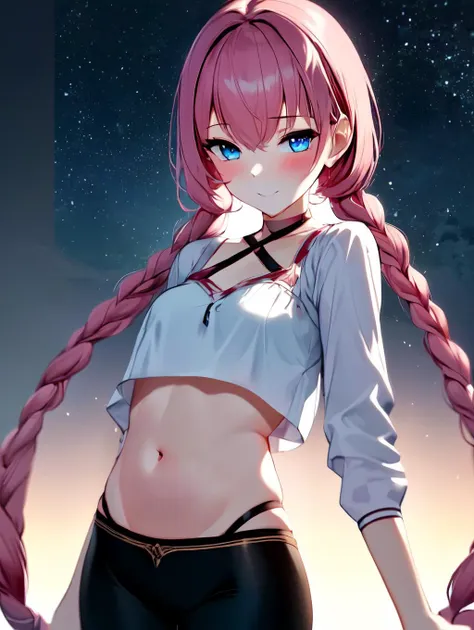 <lora:e7 Tenebria:1.3> e7 Tenebria, pink hair, two ((long)) braids, lender body, thin, cheeky face, medium breasts,blue eyes, black pants, white short blouse, showing belly, flat abdomen, tall,
starry night, under the moon, 
(masterpiece),  best quality, highres, 4k, 8k, Detailed Illustration, intricate detail, cinematic lighting, amazing quality, 1girl, fit female, amazing shading, soft lighting, facing camera, perfect eyes