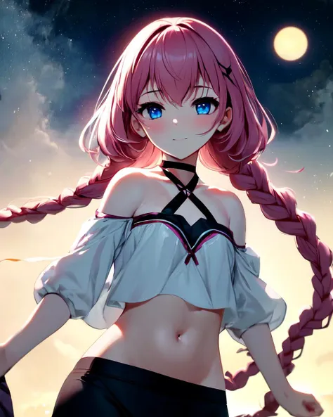 <lora:e7 Tenebria:1.2> e7 Tenebria, pink hair, two long thin braids, lender body, thin, cheeky face, small breasts,blue eyes, black pants, white short blouse, showing belly, flat abdomen,
starry night, under the moon, holding an orb of light,
(masterpiece),  best quality, highres, 4k, 8k, Detailed Illustration, intricate detail, cinematic lighting, amazing quality, 1girl, fit female, amazing shading, soft lighting, facing camera, perfect eyes