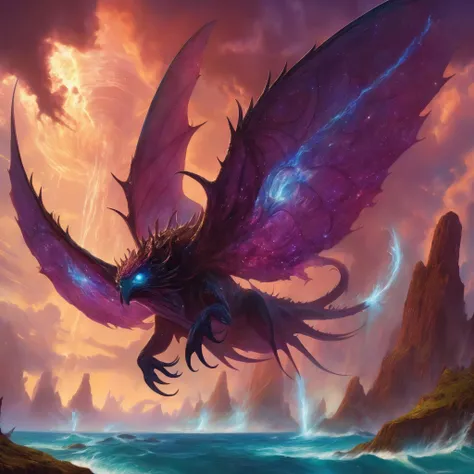 (Fantasy) An electric dragon (blue color schemed scales, glowing eyes) is flying up in the air with a giant pink squid in its claws, water disturbed under the fish, serene ocean cliffs in sight
