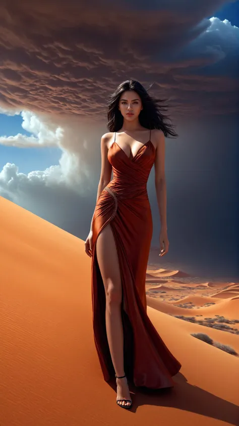 (((best quality)), (real), (masterpiece),realistic,(realism),ultra high res,(photorealistic:1.4),8k post-production,reality,ultra detailed,ultra high res,extreme detail description,Highly detailed,Professional,full shot,
leogirl,
,(1girl:1.2), <lora:oppa girl:0.8> oppa girl
 ,long hair,sexy,
seductive leaning forward, detailed skin, detailed face,
looking at viewer,  perfect face,evil  smile,big black eyes,bright pupils,
huge breasts,huge ass,narrow waist,cleavage,
high heels, lace bra, lace  microskirt,
<lora:Noah Bradley Style:1>Noah Bradley Style - An environment concept art piece by Roberto Ferri for a DnD game, showcasing a storm-ridden desert landscape. Rendered in the fast and dynamic style of speed painting, the scene depicts whirling sandstorms casting a golden haze over the vast, undulating dunes. Using digital media on a virtual canvas, Roberto Ferri's signature mix of realism and fantasy elements brings the scene to life. The lighting captures the atmospheric interplay of the desert sun's harsh brightness diffused through the swirling sands. The color palette centers on various shades of golden yellows, dusty browns, and sun-bleached whites, contrasting with the deep, stormy blues of the towering clouds. The composition uses a wide-angle lens shot, emphasizing the desert's immensity and the powerful scale of the sandstorms, pulling the viewer into the heart of the tempest.
,<lora:add-detail-xl:0.6>,
