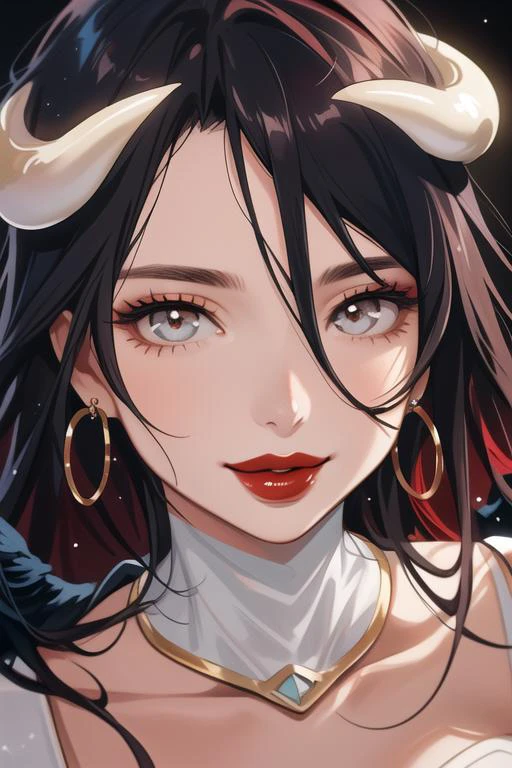 masterpiece, high res, 4k, best quality, beautiful face, detailed face, ultra-detailed, upright, close up, upright, ((((head shot, face focus, close up face shot))), open eyes, (looking at viewer, body facing viewer)), 1girl, solo, classroom background, gradient hair, highlights, hoop earrings, female, BREAK, dark red lips, parted lips, smile, makeup, eyeshadow, jewelry, large intricate hair accessories, long painted nails, (<lora:albedo_(overlord)_v10:.7> al1, demon horns, white gloves, white dress, bare shoulders, detached collar, cleavage, slit pupils, black wings, feathered wings, low wings), <lora:ColoredLipstick:1> (lipstick, dark red lipstick), <lora:fakelips_1:1> lip filler,