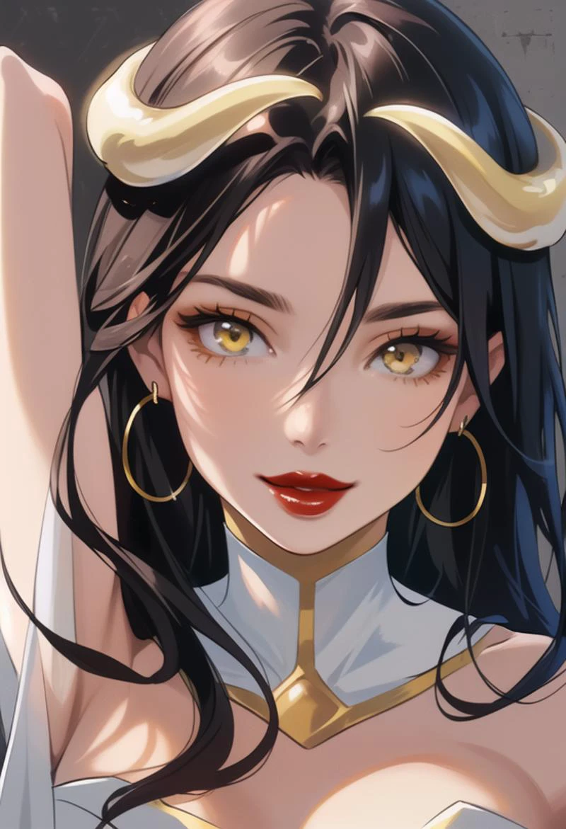masterpiece, high res, 4k, best quality, beautiful face, detailed face, ultra-detailed, upright, close up, upright, ((((head shot, face focus, close up face shot))), open eyes, (looking at viewer, body facing viewer)), 1girl, solo, classroom background, gradient hair, highlights, hoop earrings, female, BREAK, dark red lips, parted lips, smile, makeup, eyeshadow, jewelry, large intricate hair accessories, long painted nails, (<lora:albedo_(overlord)_v10:.7> al1, demon horns, white gloves, white dress, bare shoulders, detached collar, cleavage, slit pupils, yellow eyes, black wings, feathered wings, low wings), <lora:ColoredLipstick:1> (lipstick, dark red lipstick), <lora:fakelips_1:1> lip filler,