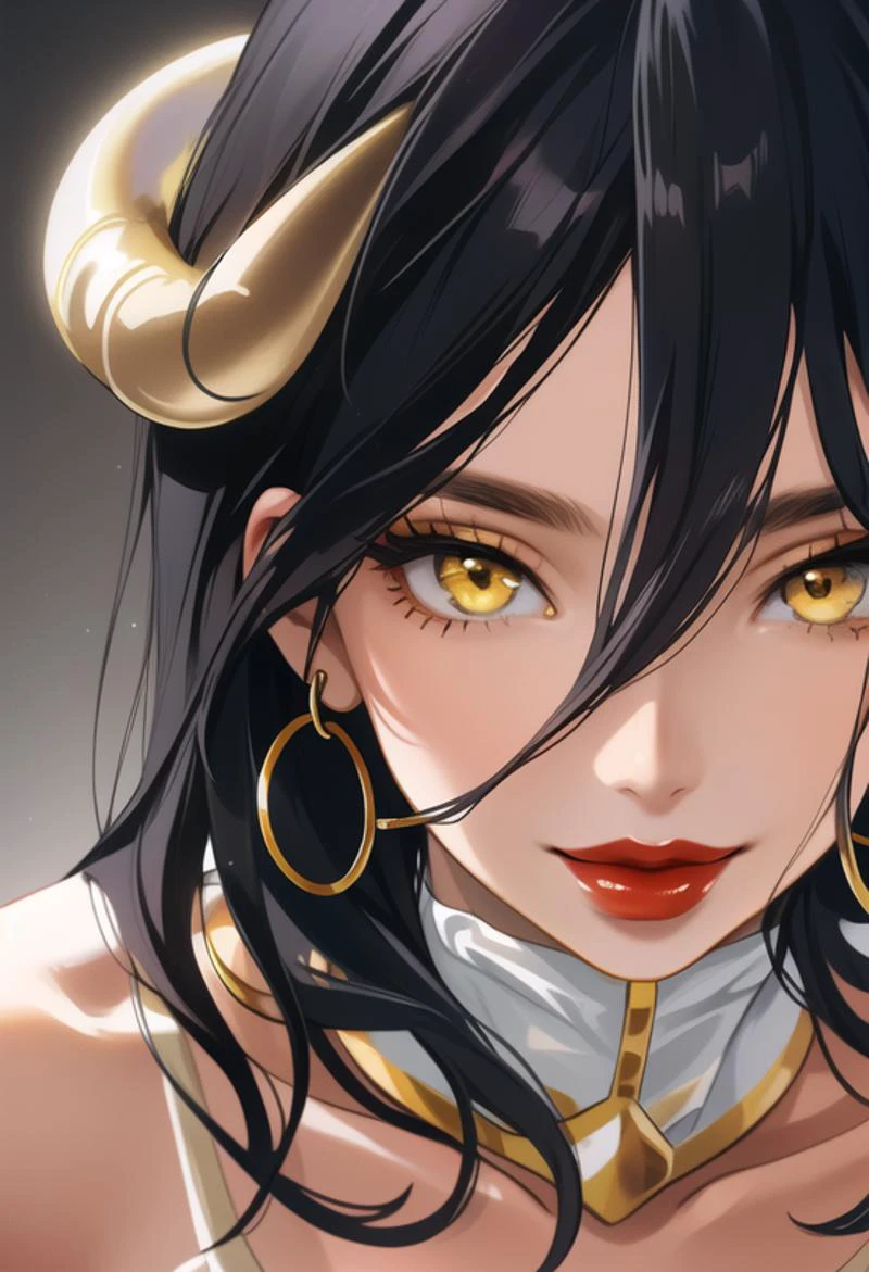 masterpiece, high res, 4k, best quality, beautiful face, detailed face, ultra-detailed, upright, close up, upright, ((((head shot, face focus, close up face shot))), open eyes, (looking at viewer, body facing viewer)), 1girl, solo, classroom background, gradient hair, highlights, hoop earrings, female, BREAK, dark red lips, parted lips, smile, makeup, eyeshadow, jewelry, large intricate hair accessories, long painted nails, (<lora:albedo_(overlord)_v10:.7> al1, demon horns, white gloves, white dress, bare shoulders, detached collar, cleavage, slit pupils, yellow eyes, black wings, feathered wings, low wings), <lora:ColoredLipstick:1> (lipstick, dark red lipstick), <lora:fakelips_1:1> lip filler,