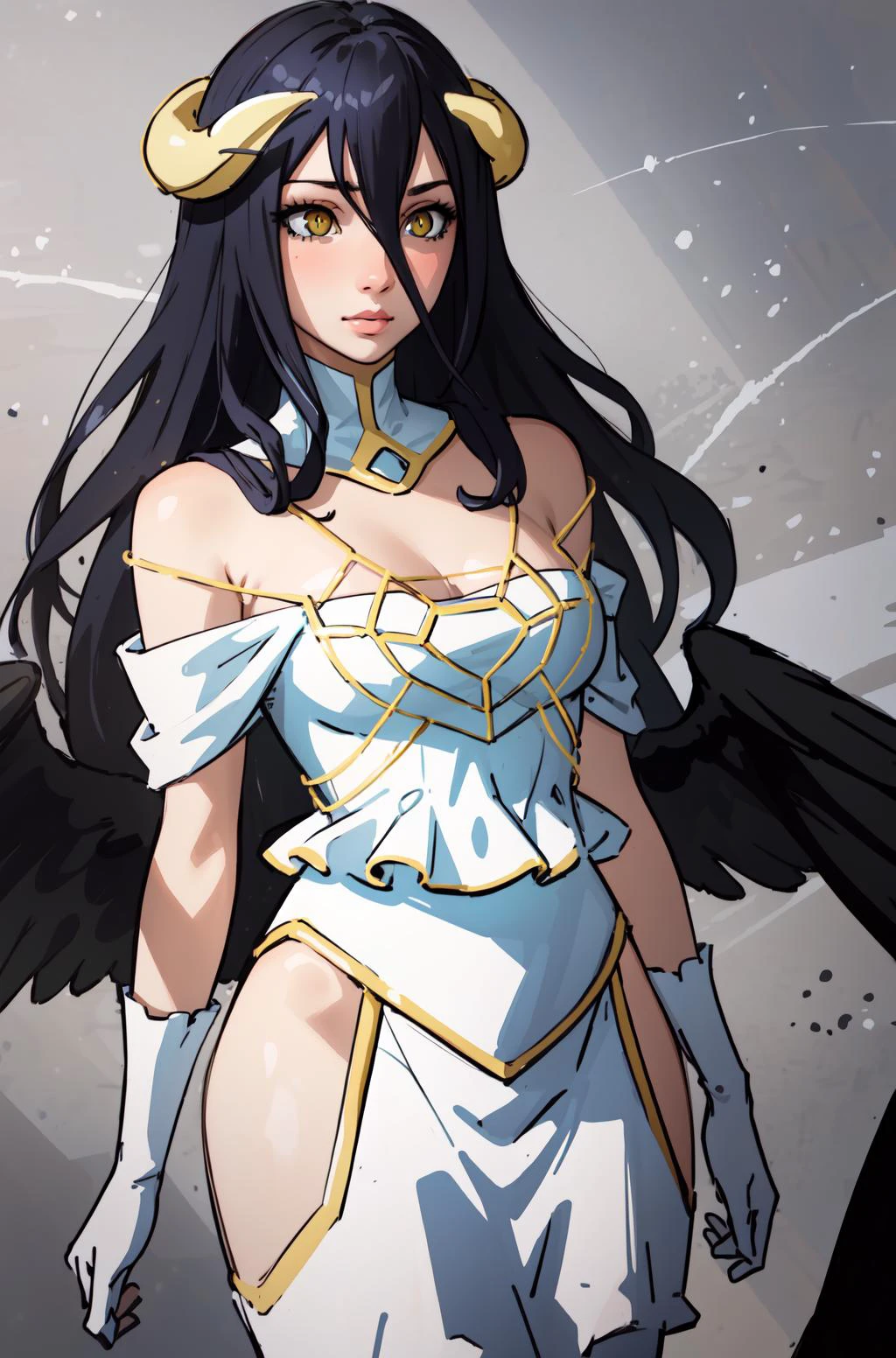 (masterpiece, best quality), intricate details, 8k, artstation, wallpaper, official art, splash art, sharp focus,
1girl,
<lora:albedo_(overlord)_v10:0.8> al1, demon horns, slit pupils, al1, demon horns, white gloves, white dress, bare shoulders, detached collar, cleavage, slit pupils, black wings, feathered wings, low wings,