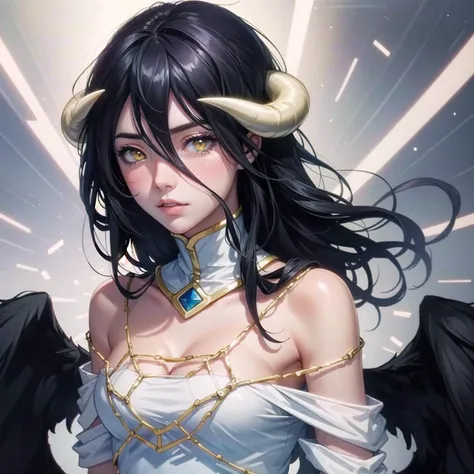 masterpiece, best quality, ultra-detailed, illustration, epic lighting, cinematic composition, isometric,(hexagon:1.2), <lora:albedo_(overlord)_v10:0.9> 1girl, horns, solo, yellow eyes, black hair, long hair, (low wings:1.2), slit pupils, cleavage, bare shoulders, hair between eyes, medium breasts, (white dress:1.1), gold trim, detached collar, looking at viewer, half-closed eyes, (looking at viewer:1.1), parted lips, blush, black feathers falling, arena, particle effects, (8k:1.1)