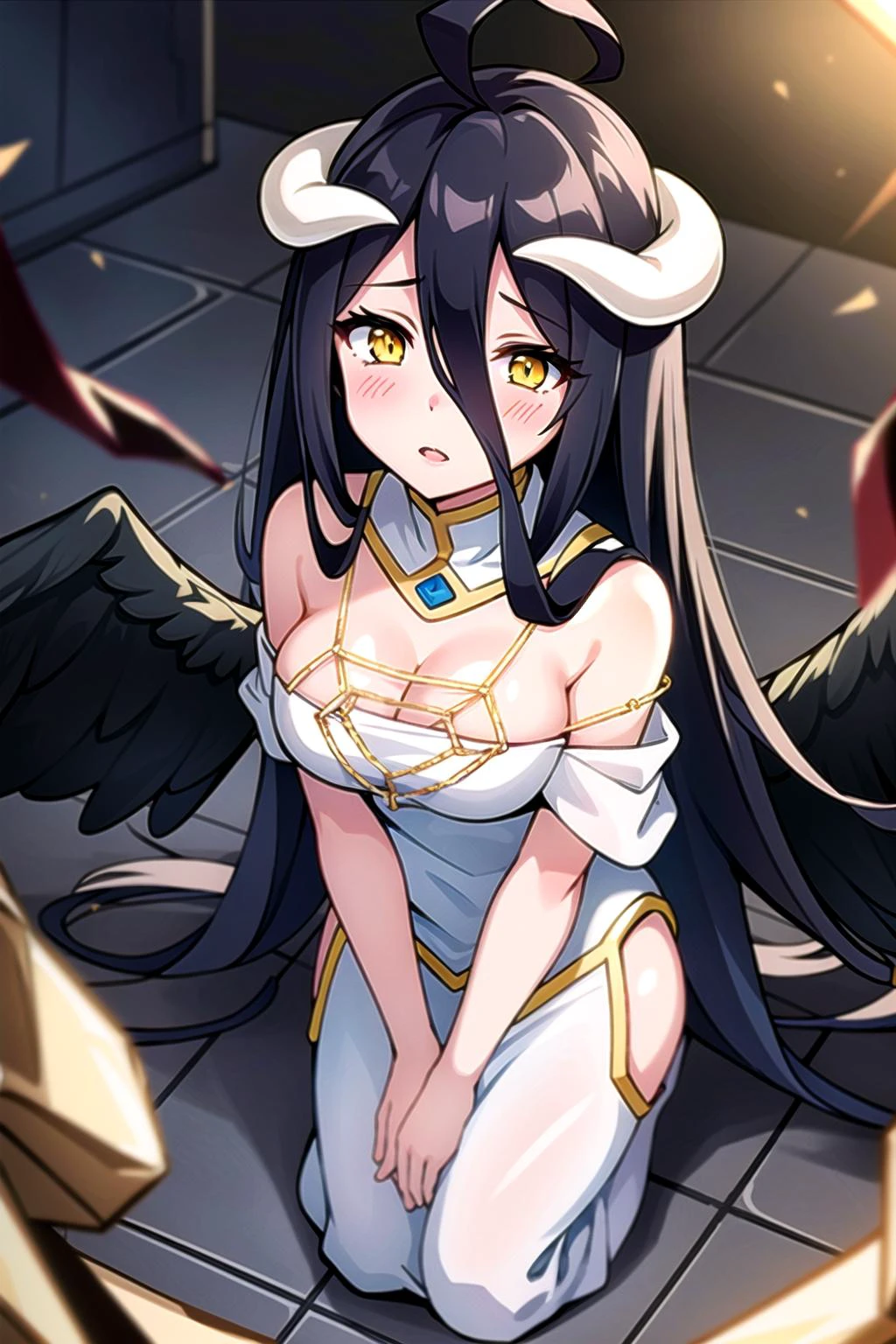 masterpiece, best quality, ultra-detailed, illustration, epic lighting, cinematic composition, colorful, isometric,(hexagon:1.2), <lora:albedo_(overlord)_v10:0.9> 1girl, horns, solo, yellow eyes, black hair, long hair, slit pupils, cleavage, bare shoulders, hair between eyes, medium breasts, white dress, gold trim, detached collar, sitting kneeling, looking at viewer, from above, half-closed eyes, looking at viewer, parted lips, blush, black feathers falling, throne room, particle effects, (8k:1.1)