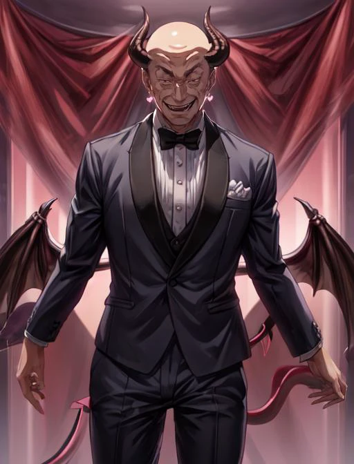 best quality, masterpiece, highres, detailed, digital artwork, <lora:Detail - add_detail:0.2>, IncubusCh, demon boy, hearts, evil smile, <lyco:Change - IncubusCh:0.8>, bulge in pants, c-Tadokoro, bald man, <lora:Character - Tadokoro:0.8>, formal, party, wine,