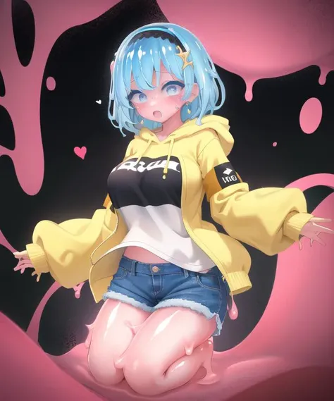 <lora:constricted_pupils_v0.2a:0.6> ,<lora:slimegirls:1.2>, <lora:micro_shorts_v0.6:0.4>,1girl, slime girl, :o, constricted pupils, masterpiece, best quality, highly detailed, micro shorts, denim shorts, blush, earrings, full body, hairband, hoodie, blue eyes, blue hair, blue skin, looking at viewer, shirt, sleeves past wrists, colored sclera, solo, large breasts