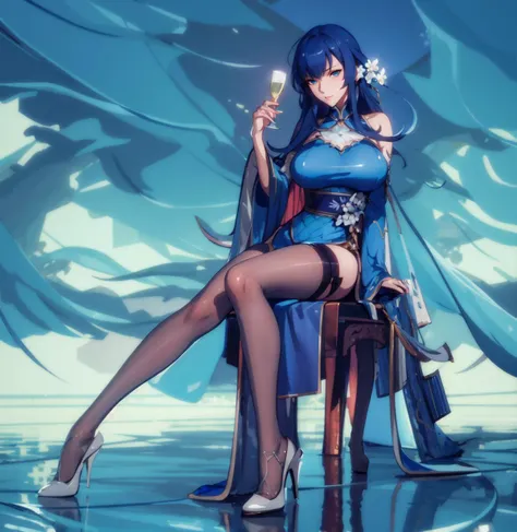 <lora:new_fiona_v15:0.8>,((masterpiece,best quality)),fiona\(tof\), 1girl, (breasts,large_breasts:0.6),looking at viewer,anime,Poker face,(glamorous),(beautiful detailed face,beautiful,detailed eyes:0.1),concept art of a far-future city, key visual, summer day, (highly detailed), digital painting, artstation, concept art, sharp focus, in harmony with nature, streamlined, by makoto shinkai and akihiko yoshida and hidari and wlop,dynamic pose, (HQ,4K), blue glowing eyes with frost energry, high metal heels, siting on chair, spread_legs, china_dress, (plate_armor on ribs), blue suit, blue armor, in his right hand he holds an unfolded Japanese fan, delicate smiling, looking in central camera, hdr, inside in room, view on city from balcony, beautiful legs, shapely thighs, wings, table with drinks and champagne, drinks on table, champagne on table, ((at night)), ((illuminated city))