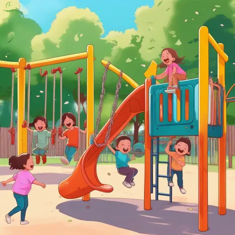 a group of joyful children playing in a park's playground. The scene should be vibrant and full of life, with children of various ages engaging in different activities. Some could be swinging on the swings, others climbing on the jungle gym, <lora:nanase_v1:0.9>,and a few might be sliding down the slide. The expressions on their faces should radiate pure joy and excitement. The background should depict a sunny day with clear blue skies, and the playground equipment should be colorful and well-maintained. Trees and greenery should frame the playground, adding to the wholesome atmosphere