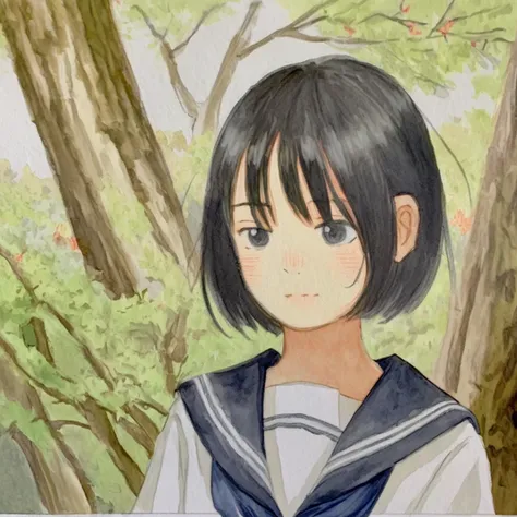 1girl, solo, short hair, black hair, school uniform, serafuku, blush, sailor collar, traditional media, neckerchief, red neckerchief, parted lips, outdoors, painting \(medium\), dated, tree, blue sailor collar, watercolor \(medium\), white shirt, shirt, upper body, nature, portrait, black eyes, flower, looking away, plant, pencil \(medium\),paper \(medium\)
<lora:nanase_v1:1>