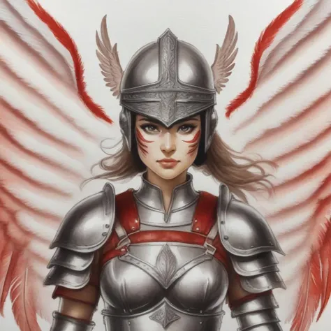 valkyrie woman metal helmet armor leather shiny sword wings feathers red <lora:nanase_v1:1> watercolor