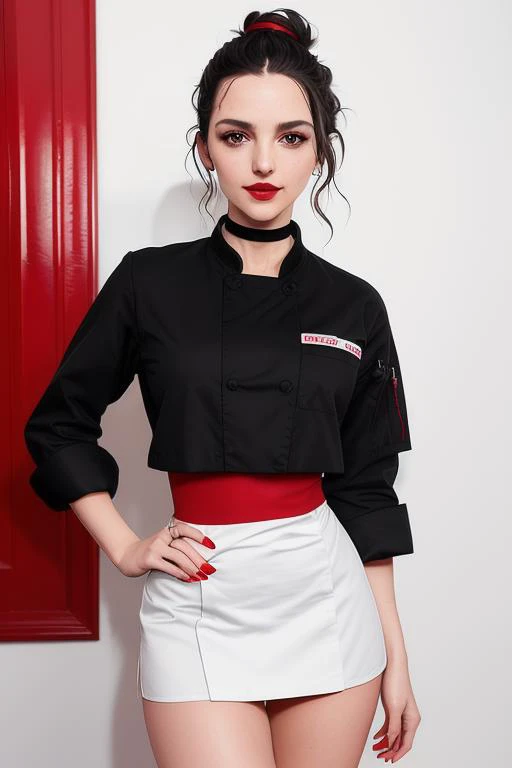 photo of ellahunt-2380:0.99, a woman, ((chef uniform, chef jacket)), ((cowboy shot, waist, hips, thighs)), (choker), commercial kitchen, ((detailed face, beautiful face):1.3), ((red lipstick, eyeliner, eye shadow)), ((hair up, fancy updo))