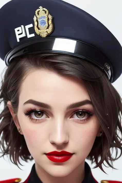 photo of ellahunt-2380:0.99, a woman, ((police uniform, police hat)), ((closeup, portrait)), (outdoors, crime, mayhem, riot), ((detailed face, beautiful face):1.3), ((red lipstick, eyeliner, eye shadow))