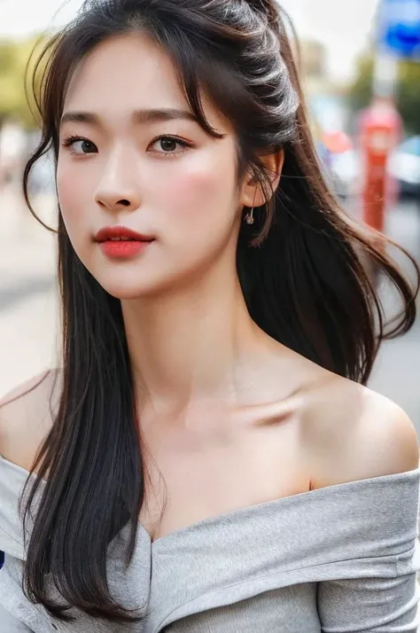 <lora:miniyoo_chillout01:1>, (solo,1girl), RAW, masterpiece, (Close-up Shot:1.4), (focus on face), A stunning photo of a (beautiful:1.2) young korean kpop_idol woman (wearing off-shoulder t-shirt:1.2) (seductive smile:0.5) on a street of Shibuya at dawn, (skinny, slim, fit body), beautiful detailed face, realistic face skin, cute makeup, smokey eyes, blush, ponytail dark hair, (hair blown by wind:1.2), (looking at viewer), RAW, realistic, 8k UHD, highly detailed, absurdres, highres, lifelike, (cinematic lighting:1.3), (natural lighting:1.3), light onto face, dramatic lighting, rim lighting, volumetric fog, f1.4