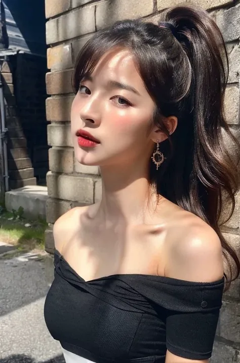 <lora:miniyoo_chillout01:1>, (solo,1girl), RAW, masterpiece, (Close-up Shot:1.4), (focus on face), A stunning photo of a (beautiful:1.2) young korean kpop_idol woman (wearing black off-shoulder crop t-shirt:1.2) (seductive smile:0.5) leaning on a wall full of graffiti in an alley, (skinny, slim, fit body), beautiful detailed face, realistic face skin, cute makeup, smokey eyes, blush, ponytail  dark hair, (hair blown by wind:1.2), (looking at viewer), RAW, realistic, 8k UHD, highly detailed, absurdres, highres, lifelike, (cinematic lighting:1.3), (natural lighting:1.3), light onto face, dramatic lighting, rim lighting, volumetric fog, f1.4