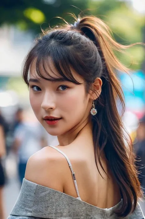 <lora:miniyoo_chillout01:1>, (solo,1girl), RAW, masterpiece, (Close-up Shot:1.4), (focus on face), A stunning photo of a (beautiful:1.2) young korean kpop_idol woman (wearing off-shoulder t-shirt:1.2) (seductive smile:0.5) on a street of Shibuya at dawn, (skinny, slim, fit body), beautiful detailed face, realistic face skin, cute makeup, smokey eyes, blush, ponytail dark hair, (hair blown by wind:1.2), (looking at viewer), RAW, realistic, 8k UHD, highly detailed, absurdres, highres, lifelike, (cinematic lighting:1.3), (natural lighting:1.3), light onto face, dramatic lighting, rim lighting, volumetric fog, f1.4