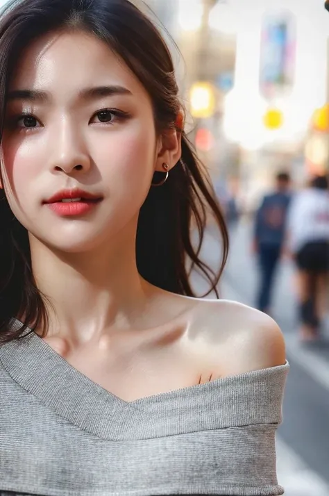 <lora:miniyoo_chillout01:1>, (solo,1girl), RAW, masterpiece, (Close-up Shot:1.4), (focus on face), A stunning photo of a (beautiful:1.2) young korean kpop_idol woman (wearing off-shoulder t-shirt:1.2) (seductive smile:0.5) on a street of Shibuya at dawn, (skinny, slim, fit body), beautiful detailed face, realistic face skin, cute makeup, smokey eyes, blush, ponytail dark hair, (hair blown by wind:1.2), (looking at viewer), RAW, realistic, 8k UHD, highly detailed, absurdres, highres, lifelike, (cinematic lighting:1.3), (natural lighting:1.3), light onto face, dramatic lighting, rim lighting, volumetric fog, f1.4