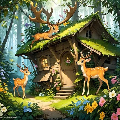 <lora:tecoma SDXL-000005:0.7>
best quality, masterpiece, master of epic, high quality, highres, tecoma, flower, cabin in the woods, cartoon, 2D, deer, flower fairy,