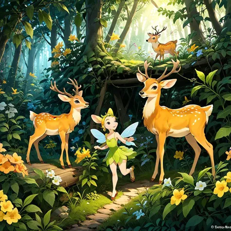 <lora:tecoma SDXL-000005:0.7>
best quality, masterpiece, master of epic, high quality, highres, tecoma, flower, cabin in the woods, cartoon, 2D, deer, flower fairy,