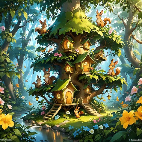 <lora:tecoma SDXL-000005:0.7>
best quality, masterpiece, master of epic, high quality, highres, (tecoma:1.6), flower, little tree house in the forest, cartoon, 2D, deer, flower fairy, squirrel,